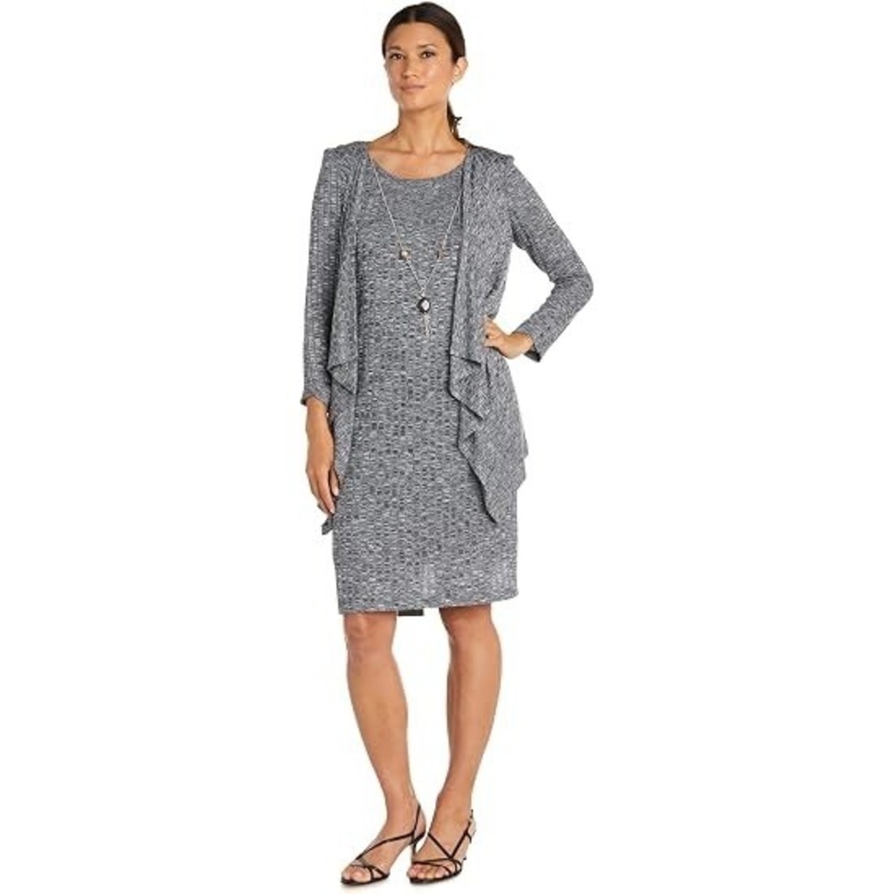 NWT R&M Richards Womens 6 Charcoal Two Piece Sheath Dress Cascade Jacket Detacha